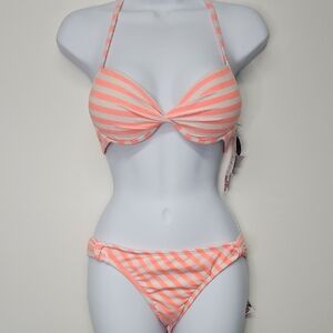 Chic Striped Coral Bikini Set